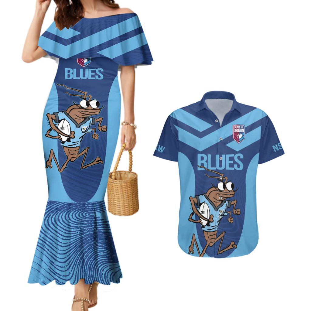 Custom New South Wales Rugby Couples Matching Mermaid Dress and Hawaiian Shirt Blues Cockroach Origin Sporty