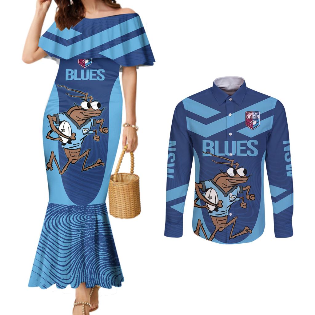 Custom New South Wales Rugby Couples Matching Mermaid Dress and Long Sleeve Button Shirt Blues Cockroach Origin Sporty