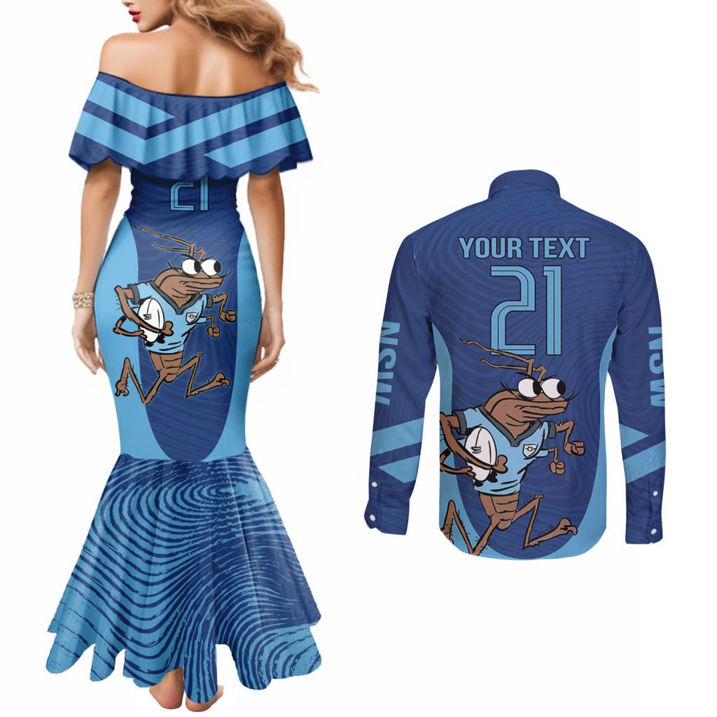 Custom New South Wales Rugby Couples Matching Mermaid Dress and Long Sleeve Button Shirt Blues Cockroach Origin Sporty