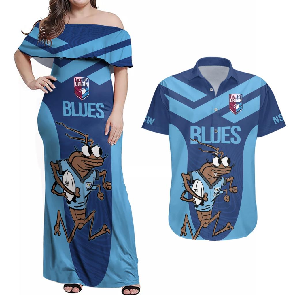 Custom New South Wales Rugby Couples Matching Off Shoulder Maxi Dress and Hawaiian Shirt Blues Cockroach Origin Sporty
