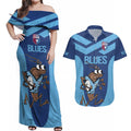 Custom New South Wales Rugby Couples Matching Off Shoulder Maxi Dress and Hawaiian Shirt Blues Cockroach Origin Sporty