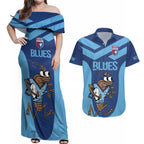 Custom New South Wales Rugby Couples Matching Off Shoulder Maxi Dress and Hawaiian Shirt Blues Cockroach Origin Sporty