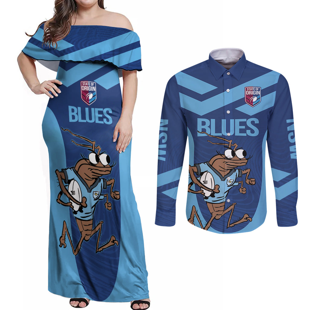 Custom New South Wales Rugby Couples Matching Off Shoulder Maxi Dress and Long Sleeve Button Shirt Blues Cockroach Origin Sporty