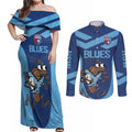 Custom New South Wales Rugby Couples Matching Off Shoulder Maxi Dress and Long Sleeve Button Shirt Blues Cockroach Origin Sporty