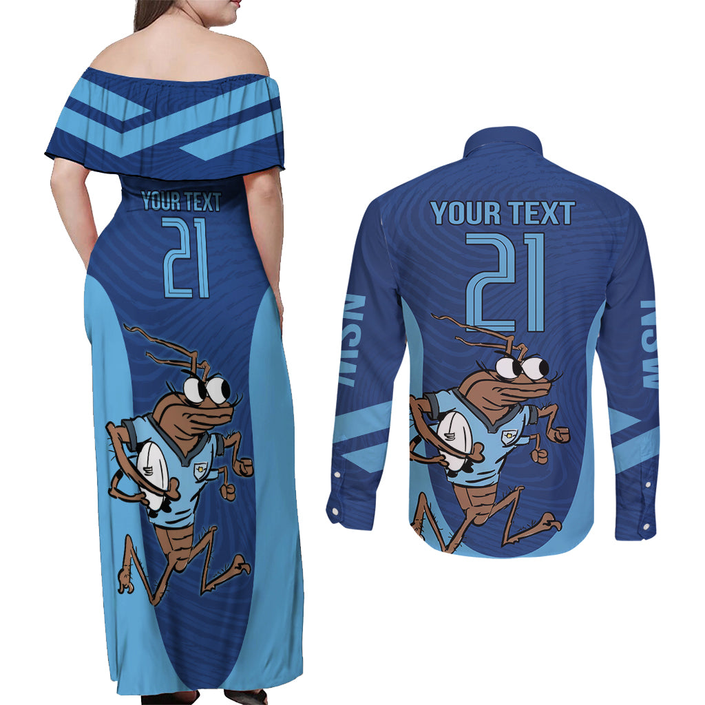 Custom New South Wales Rugby Couples Matching Off Shoulder Maxi Dress and Long Sleeve Button Shirt Blues Cockroach Origin Sporty
