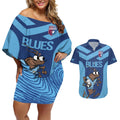 Custom New South Wales Rugby Couples Matching Off Shoulder Short Dress and Hawaiian Shirt Blues Cockroach Origin Sporty