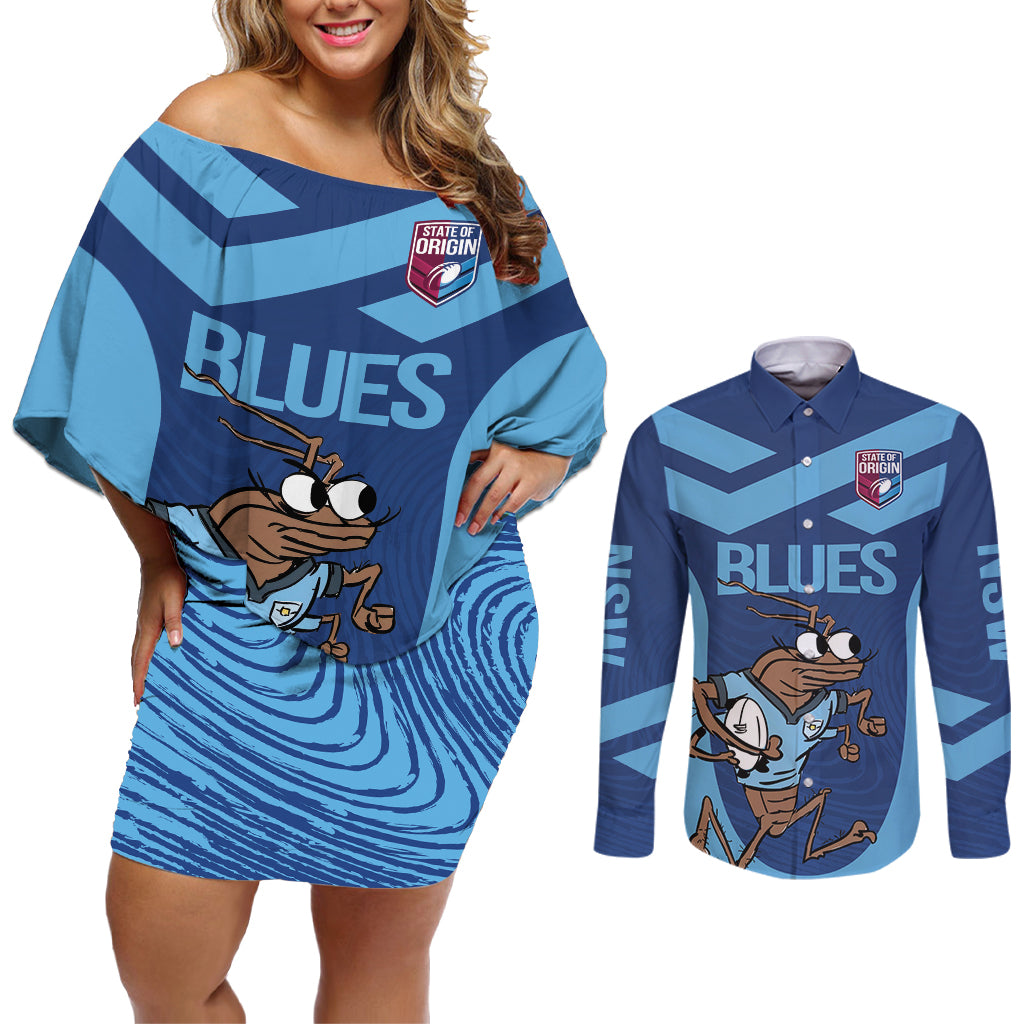 Custom New South Wales Rugby Couples Matching Off Shoulder Short Dress and Long Sleeve Button Shirt Blues Cockroach Origin Sporty