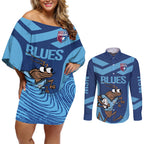 Custom New South Wales Rugby Couples Matching Off Shoulder Short Dress and Long Sleeve Button Shirt Blues Cockroach Origin Sporty
