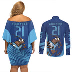 Custom New South Wales Rugby Couples Matching Off Shoulder Short Dress and Long Sleeve Button Shirt Blues Cockroach Origin Sporty