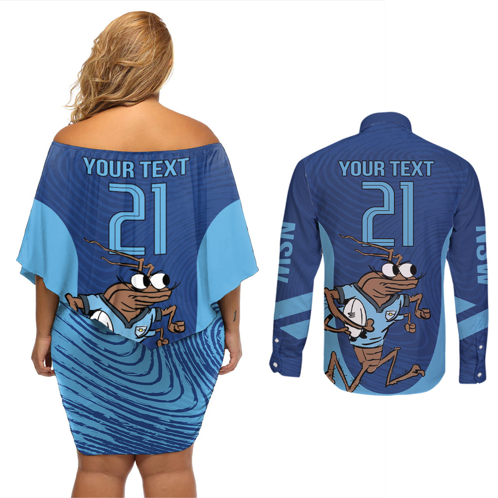 Custom New South Wales Rugby Couples Matching Off Shoulder Short Dress and Long Sleeve Button Shirt Blues Cockroach Origin Sporty