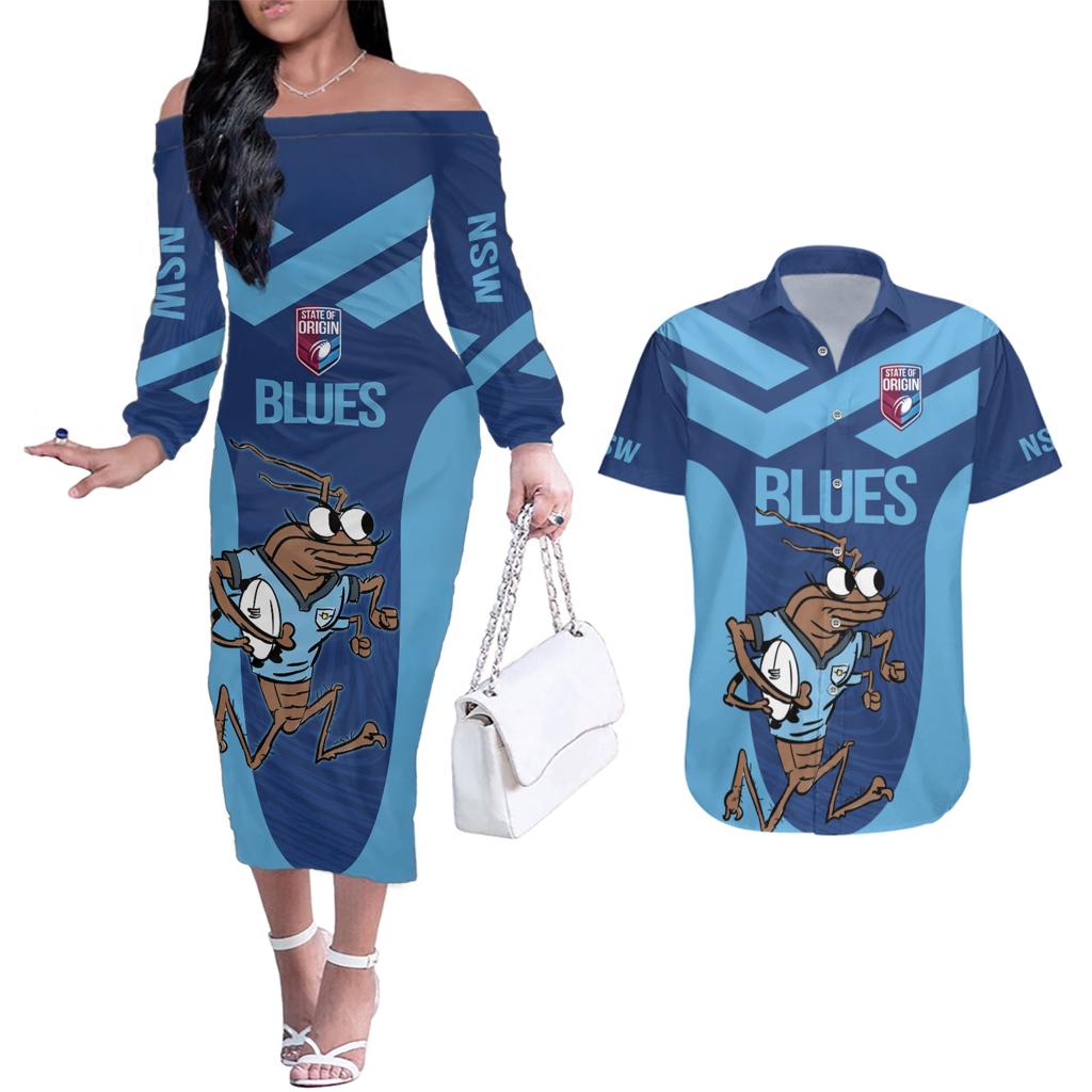 Custom New South Wales Rugby Couples Matching Off The Shoulder Long Sleeve Dress and Hawaiian Shirt Blues Cockroach Origin Sporty