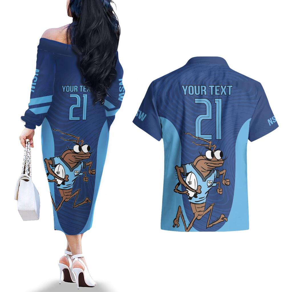 Custom New South Wales Rugby Couples Matching Off The Shoulder Long Sleeve Dress and Hawaiian Shirt Blues Cockroach Origin Sporty