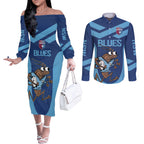 Custom New South Wales Rugby Couples Matching Off The Shoulder Long Sleeve Dress and Long Sleeve Button Shirt Blues Cockroach Origin Sporty