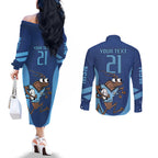 Custom New South Wales Rugby Couples Matching Off The Shoulder Long Sleeve Dress and Long Sleeve Button Shirt Blues Cockroach Origin Sporty