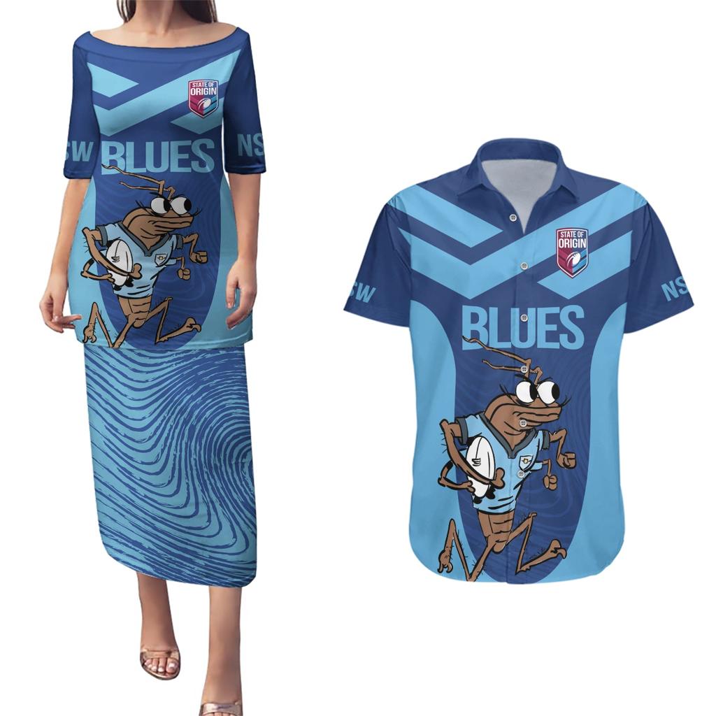 Custom New South Wales Rugby Couples Matching Puletasi and Hawaiian Shirt Blues Cockroach Origin Sporty