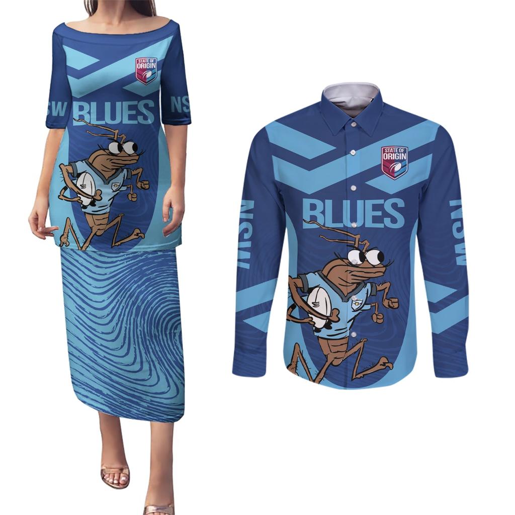 Custom New South Wales Rugby Couples Matching Puletasi and Long Sleeve Button Shirt Blues Cockroach Origin Sporty