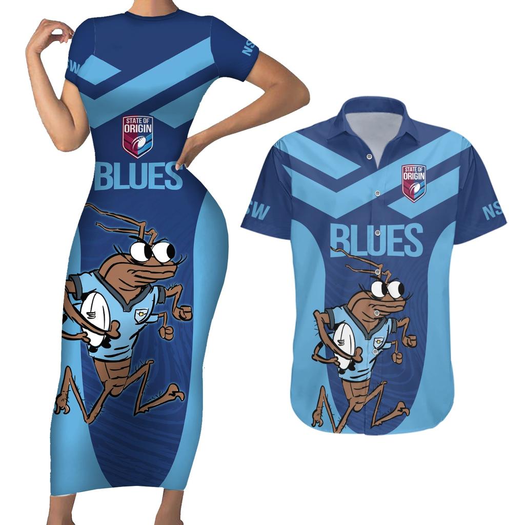 Custom New South Wales Rugby Couples Matching Short Sleeve Bodycon Dress and Hawaiian Shirt Blues Cockroach Origin Sporty