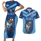 Custom New South Wales Rugby Couples Matching Short Sleeve Bodycon Dress and Hawaiian Shirt Blues Cockroach Origin Sporty