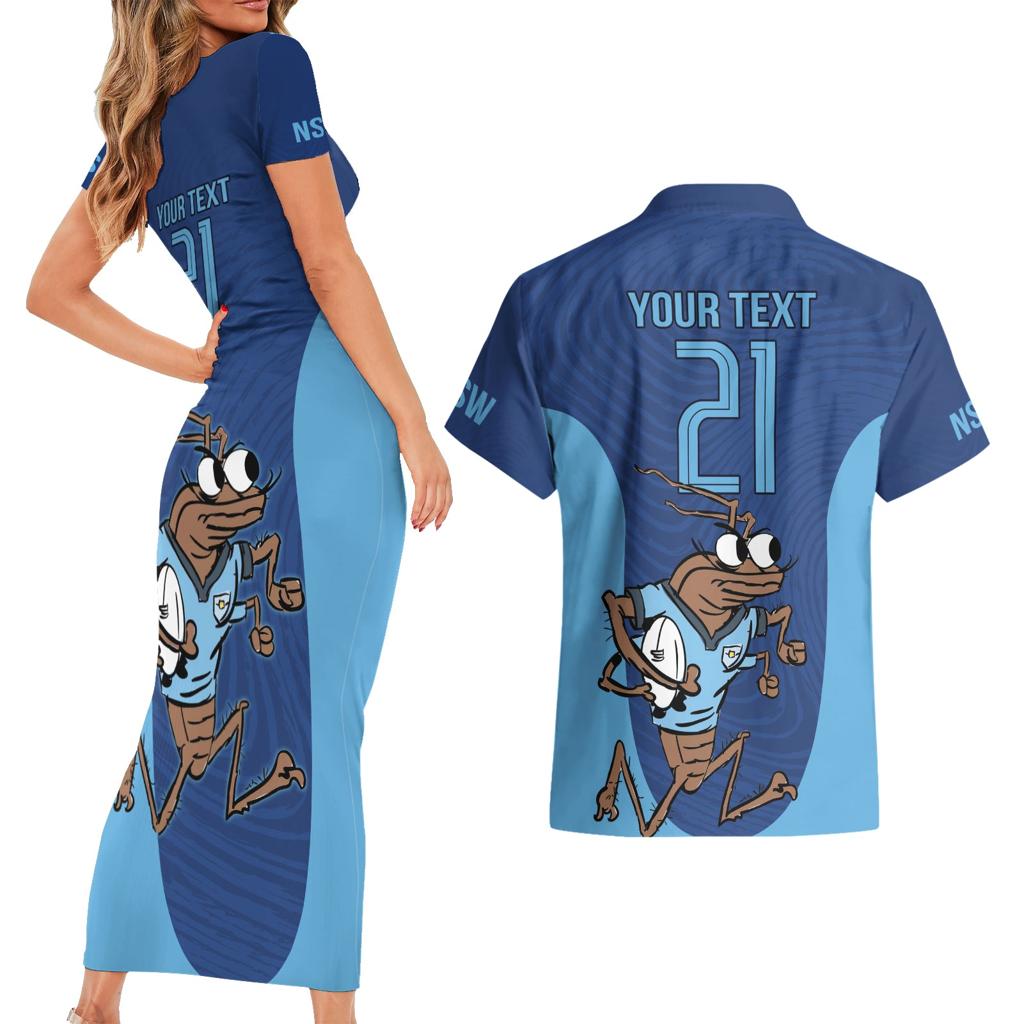Custom New South Wales Rugby Couples Matching Short Sleeve Bodycon Dress and Hawaiian Shirt Blues Cockroach Origin Sporty