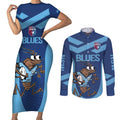 Custom New South Wales Rugby Couples Matching Short Sleeve Bodycon Dress and Long Sleeve Button Shirt Blues Cockroach Origin Sporty