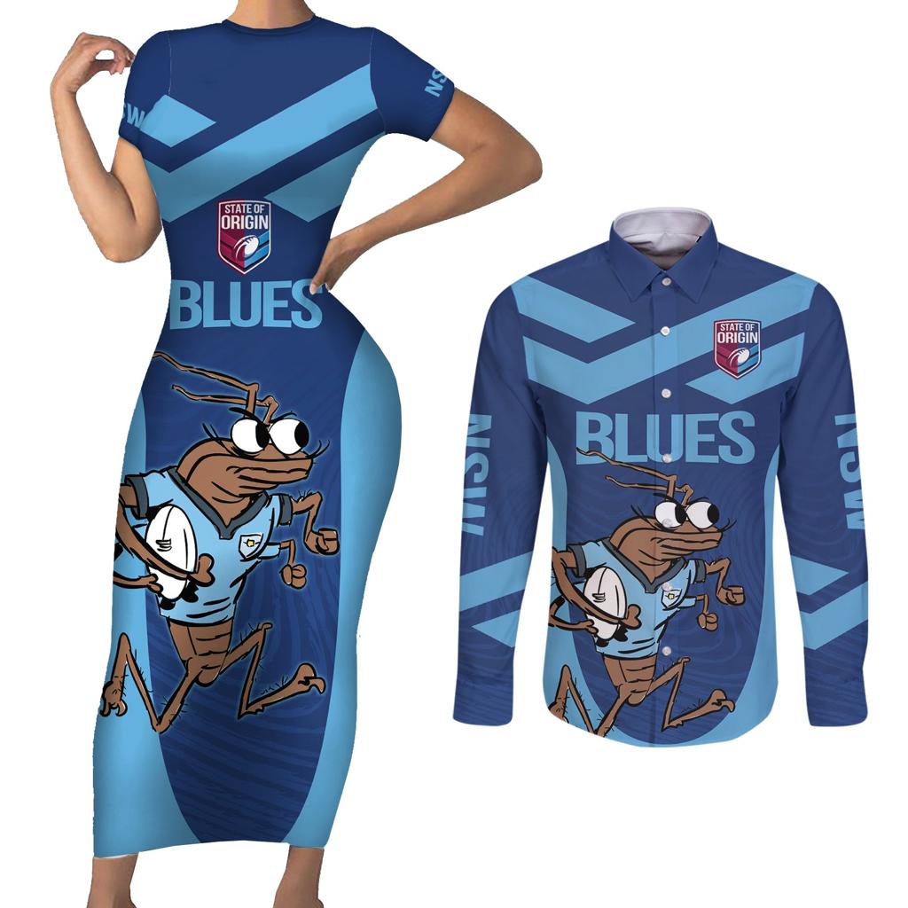 Custom New South Wales Rugby Couples Matching Short Sleeve Bodycon Dress and Long Sleeve Button Shirt Blues Cockroach Origin Sporty