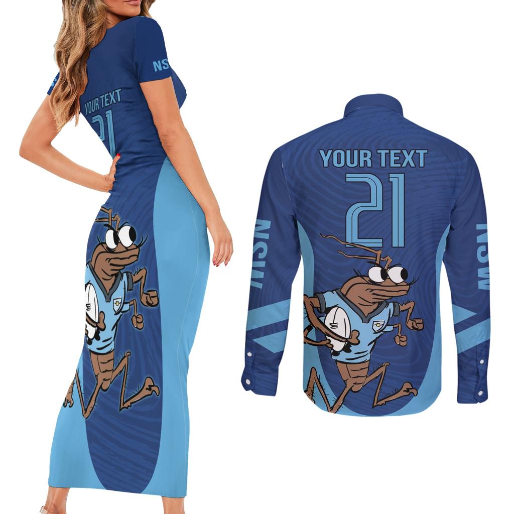 Custom New South Wales Rugby Couples Matching Short Sleeve Bodycon Dress and Long Sleeve Button Shirt Blues Cockroach Origin Sporty