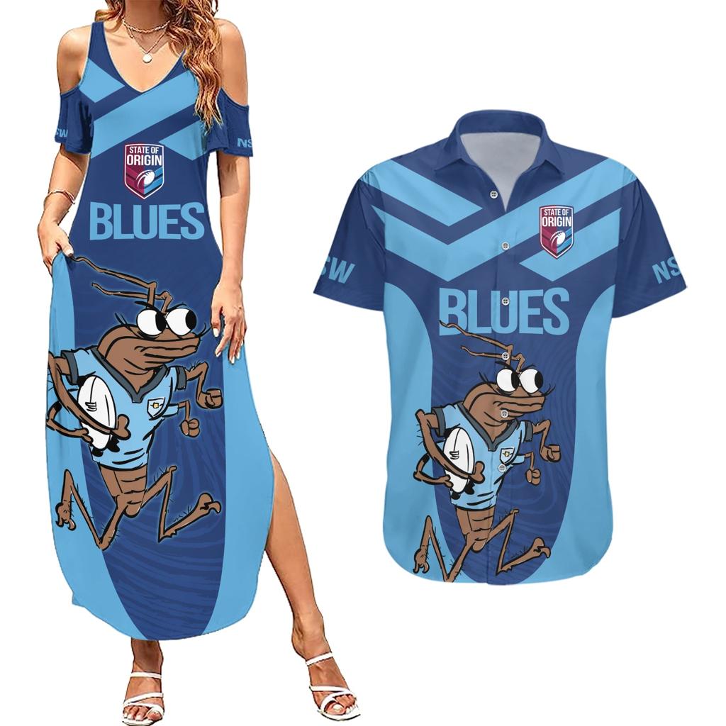 Custom New South Wales Rugby Couples Matching Summer Maxi Dress and Hawaiian Shirt Blues Cockroach Origin Sporty