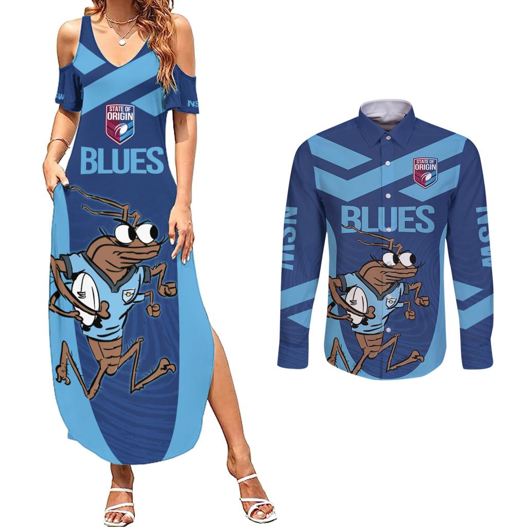 Custom New South Wales Rugby Couples Matching Summer Maxi Dress and Long Sleeve Button Shirt Blues Cockroach Origin Sporty