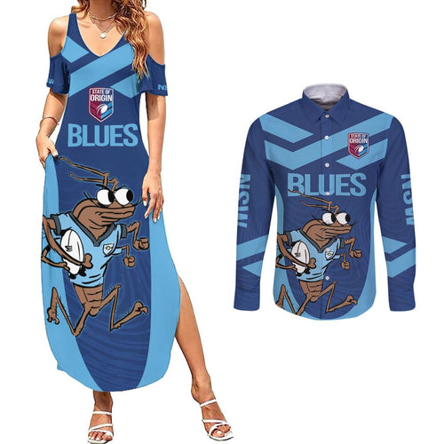 Custom New South Wales Rugby Couples Matching Summer Maxi Dress and Long Sleeve Button Shirt Blues Cockroach Origin Sporty