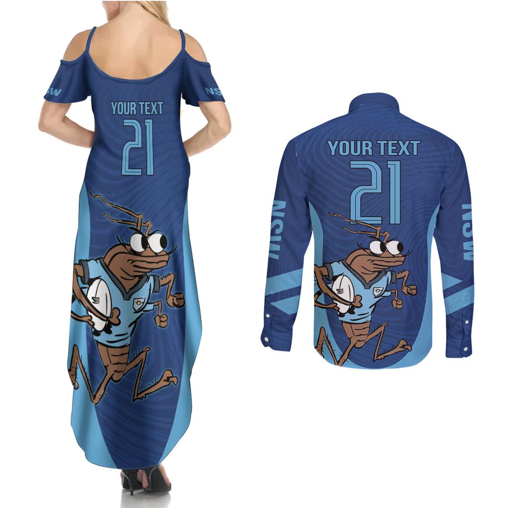 Custom New South Wales Rugby Couples Matching Summer Maxi Dress and Long Sleeve Button Shirt Blues Cockroach Origin Sporty