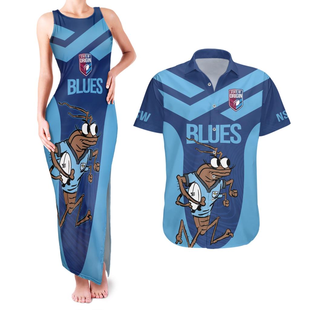 Custom New South Wales Rugby Couples Matching Tank Maxi Dress and Hawaiian Shirt Blues Cockroach Origin Sporty