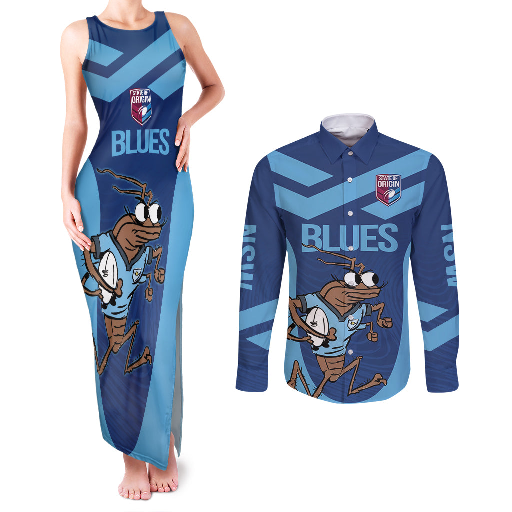 Custom New South Wales Rugby Couples Matching Tank Maxi Dress and Long Sleeve Button Shirt Blues Cockroach Origin Sporty