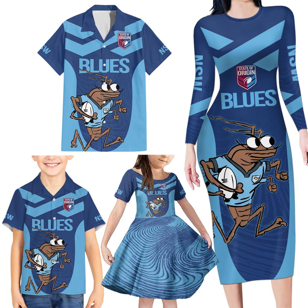 Custom New South Wales Rugby Family Matching Long Sleeve Bodycon Dress and Hawaiian Shirt Blues Cockroach Origin Sporty
