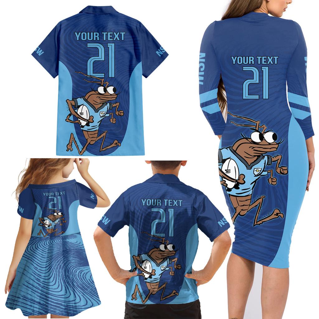 Custom New South Wales Rugby Family Matching Long Sleeve Bodycon Dress and Hawaiian Shirt Blues Cockroach Origin Sporty
