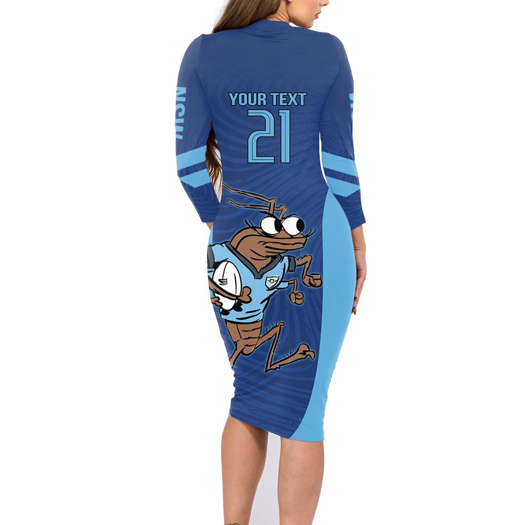 Custom New South Wales Rugby Family Matching Long Sleeve Bodycon Dress and Hawaiian Shirt Blues Cockroach Origin Sporty