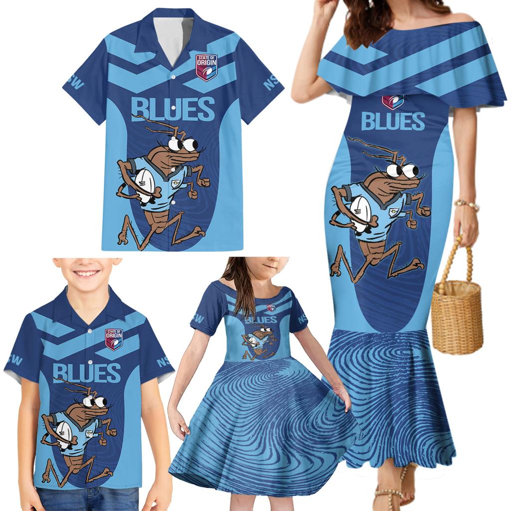 Custom New South Wales Rugby Family Matching Mermaid Dress and Hawaiian Shirt Blues Cockroach Origin Sporty