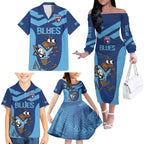 Custom New South Wales Rugby Family Matching Off The Shoulder Long Sleeve Dress and Hawaiian Shirt Blues Cockroach Origin Sporty