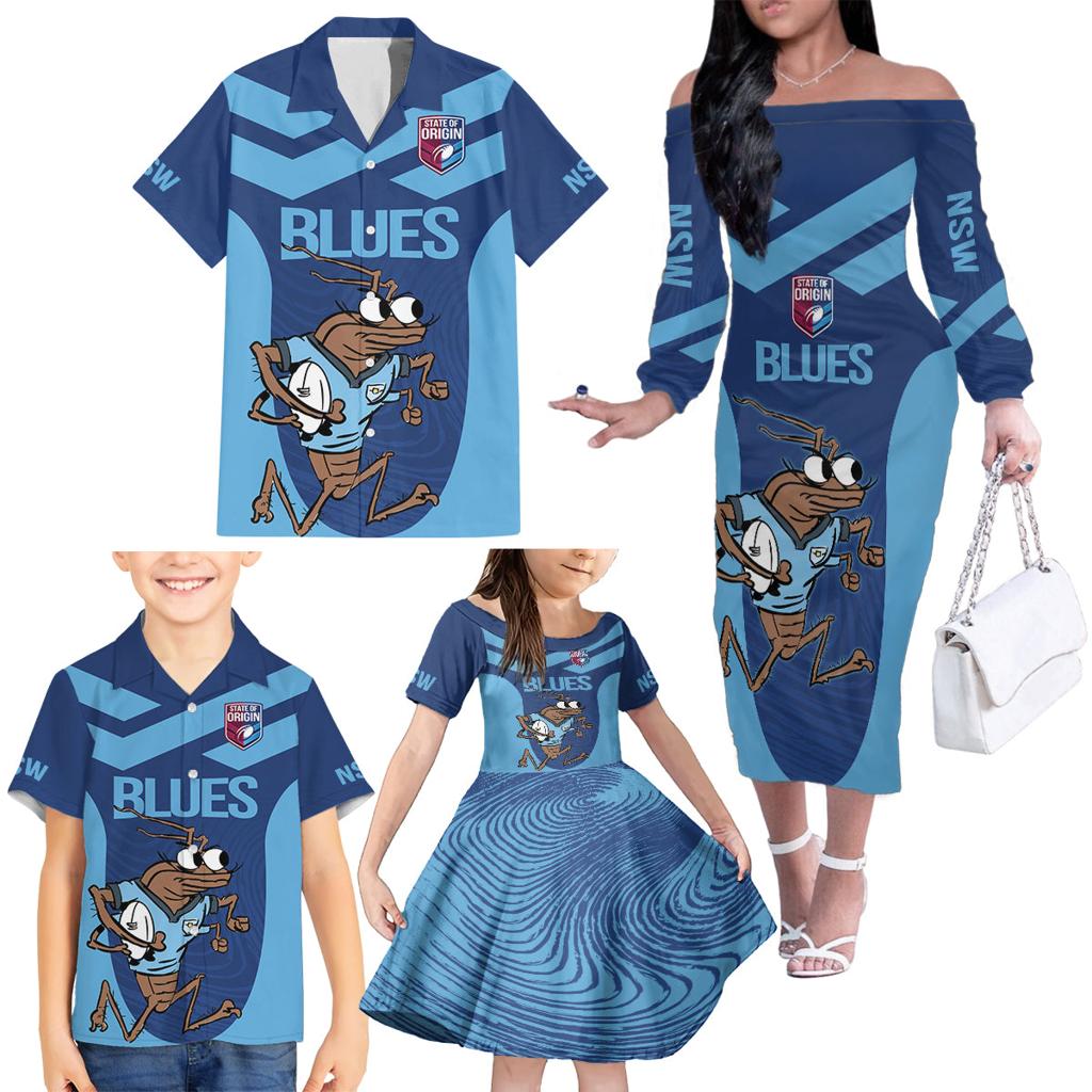 Custom New South Wales Rugby Family Matching Off The Shoulder Long Sleeve Dress and Hawaiian Shirt Blues Cockroach Origin Sporty
