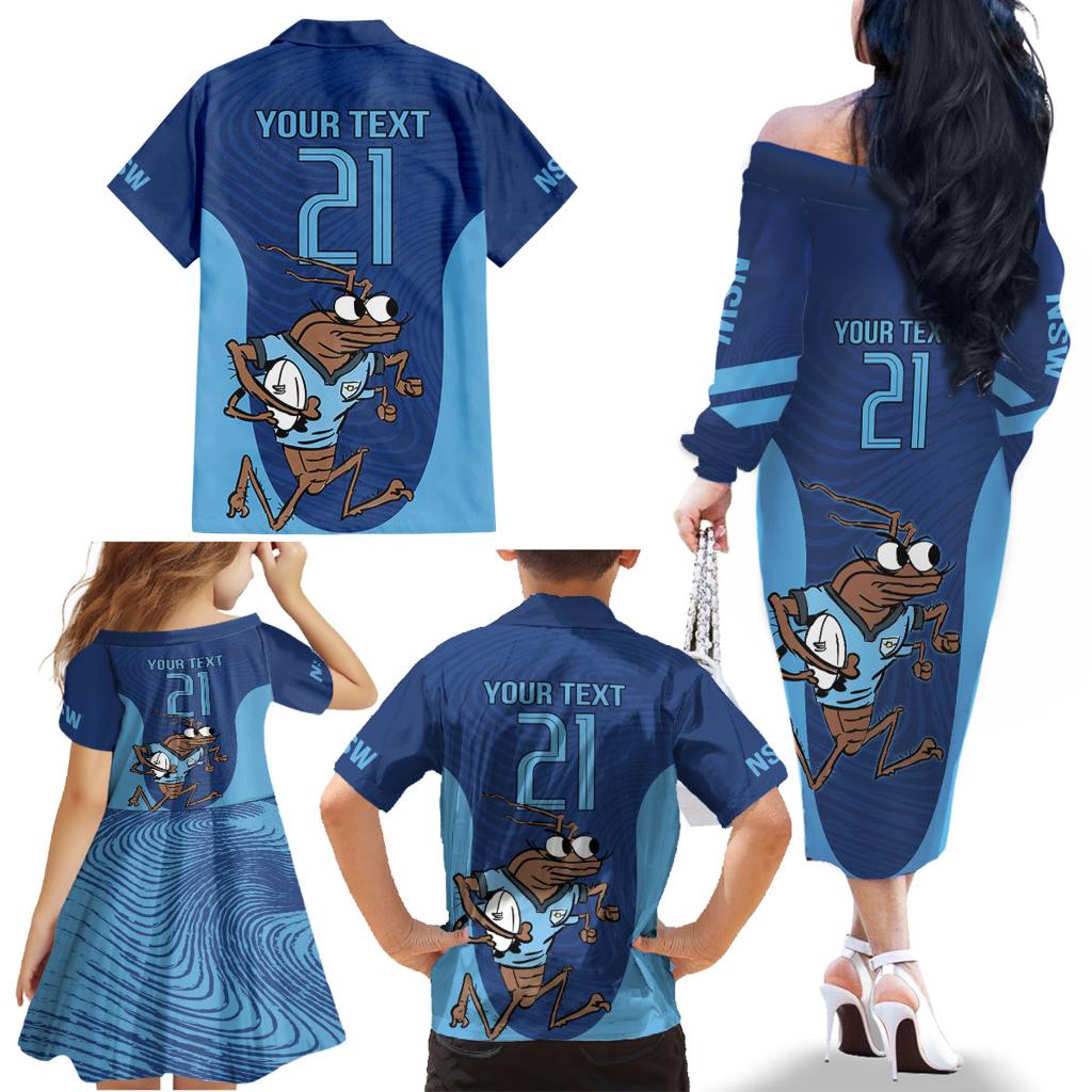 Custom New South Wales Rugby Family Matching Off The Shoulder Long Sleeve Dress and Hawaiian Shirt Blues Cockroach Origin Sporty
