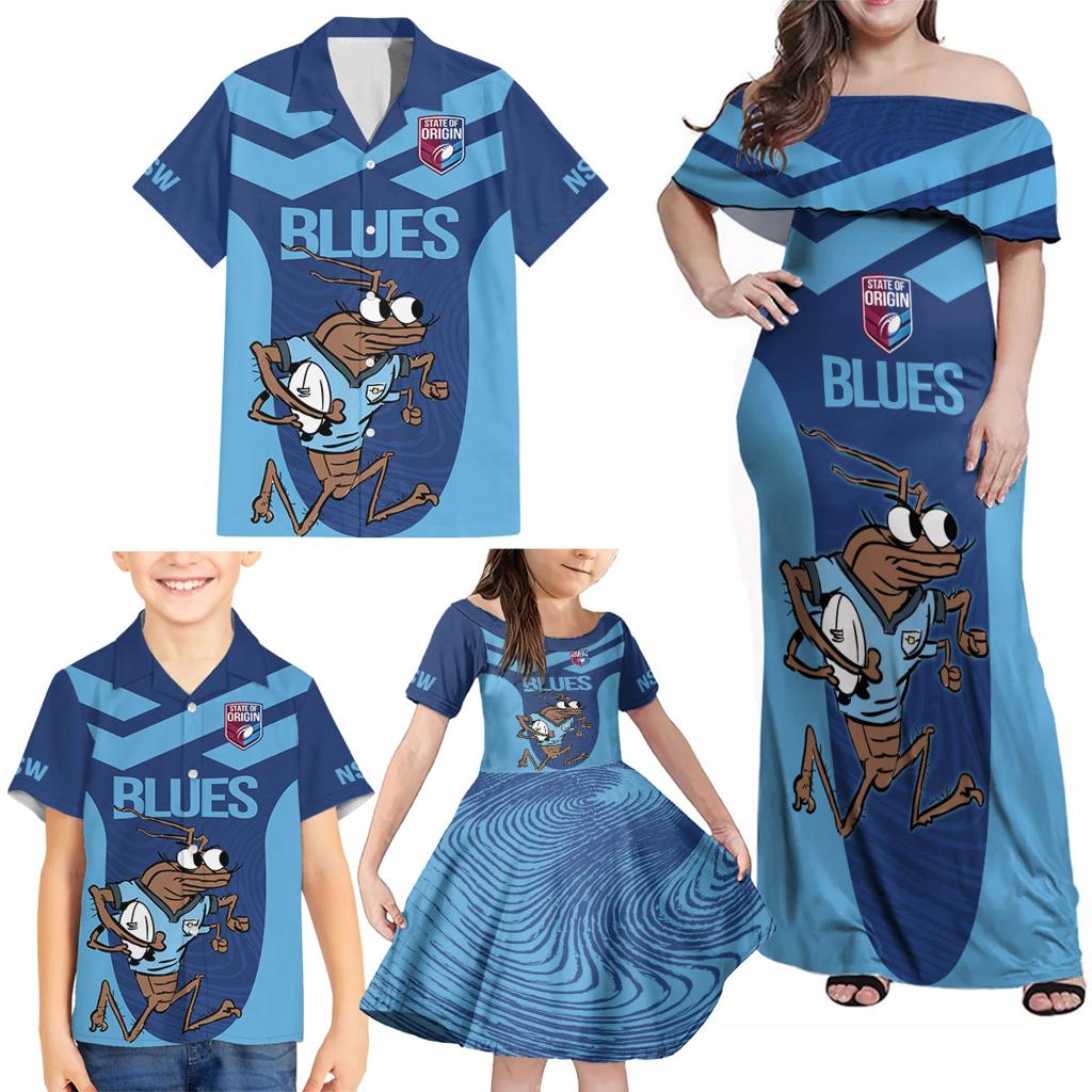 Custom New South Wales Rugby Family Matching Off Shoulder Maxi Dress and Hawaiian Shirt Blues Cockroach Origin Sporty