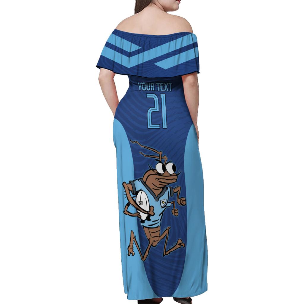 Custom New South Wales Rugby Family Matching Off Shoulder Maxi Dress and Hawaiian Shirt Blues Cockroach Origin Sporty
