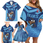 Custom New South Wales Rugby Family Matching Off Shoulder Short Dress and Hawaiian Shirt Blues Cockroach Origin Sporty