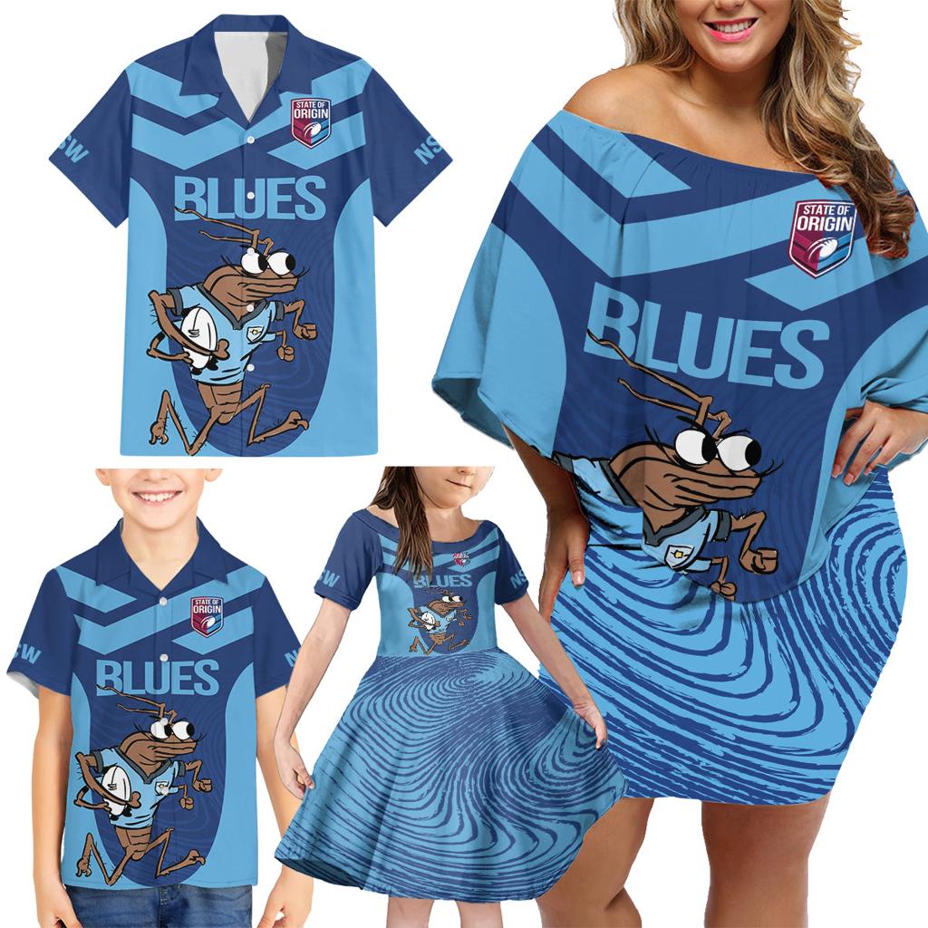 Custom New South Wales Rugby Family Matching Off Shoulder Short Dress and Hawaiian Shirt Blues Cockroach Origin Sporty