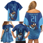 Custom New South Wales Rugby Family Matching Off Shoulder Short Dress and Hawaiian Shirt Blues Cockroach Origin Sporty