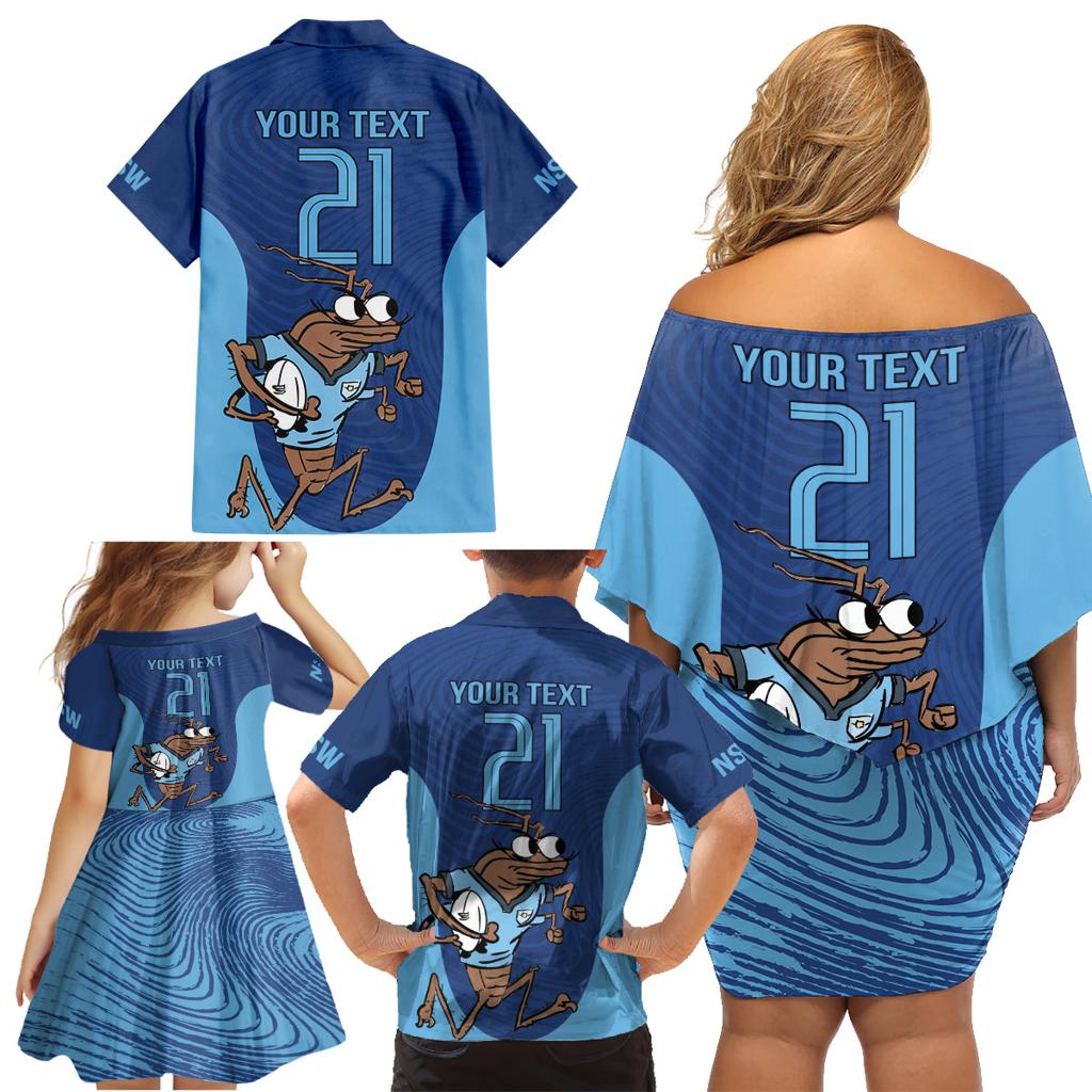 Custom New South Wales Rugby Family Matching Off Shoulder Short Dress and Hawaiian Shirt Blues Cockroach Origin Sporty