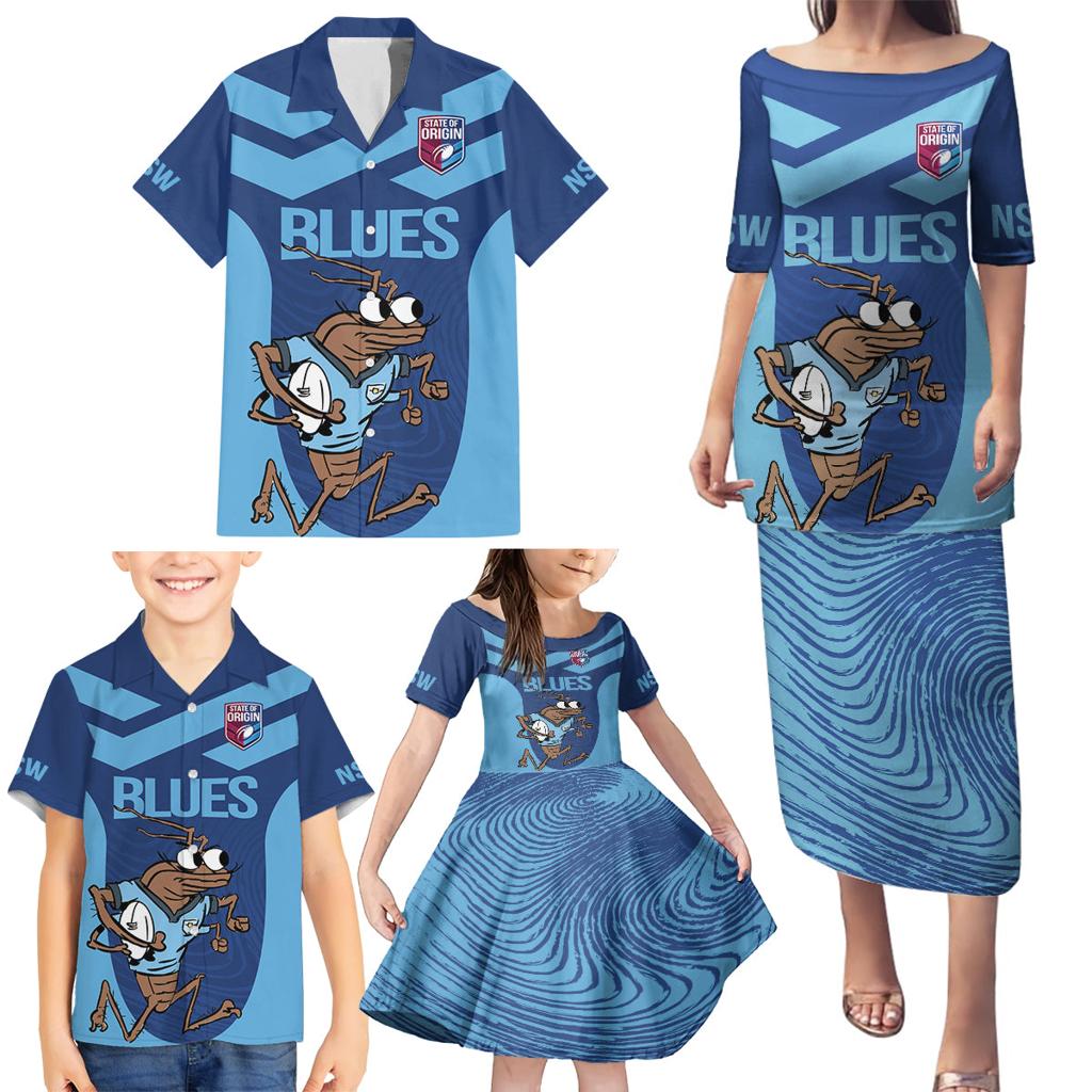 Custom New South Wales Rugby Family Matching Puletasi and Hawaiian Shirt Blues Cockroach Origin Sporty