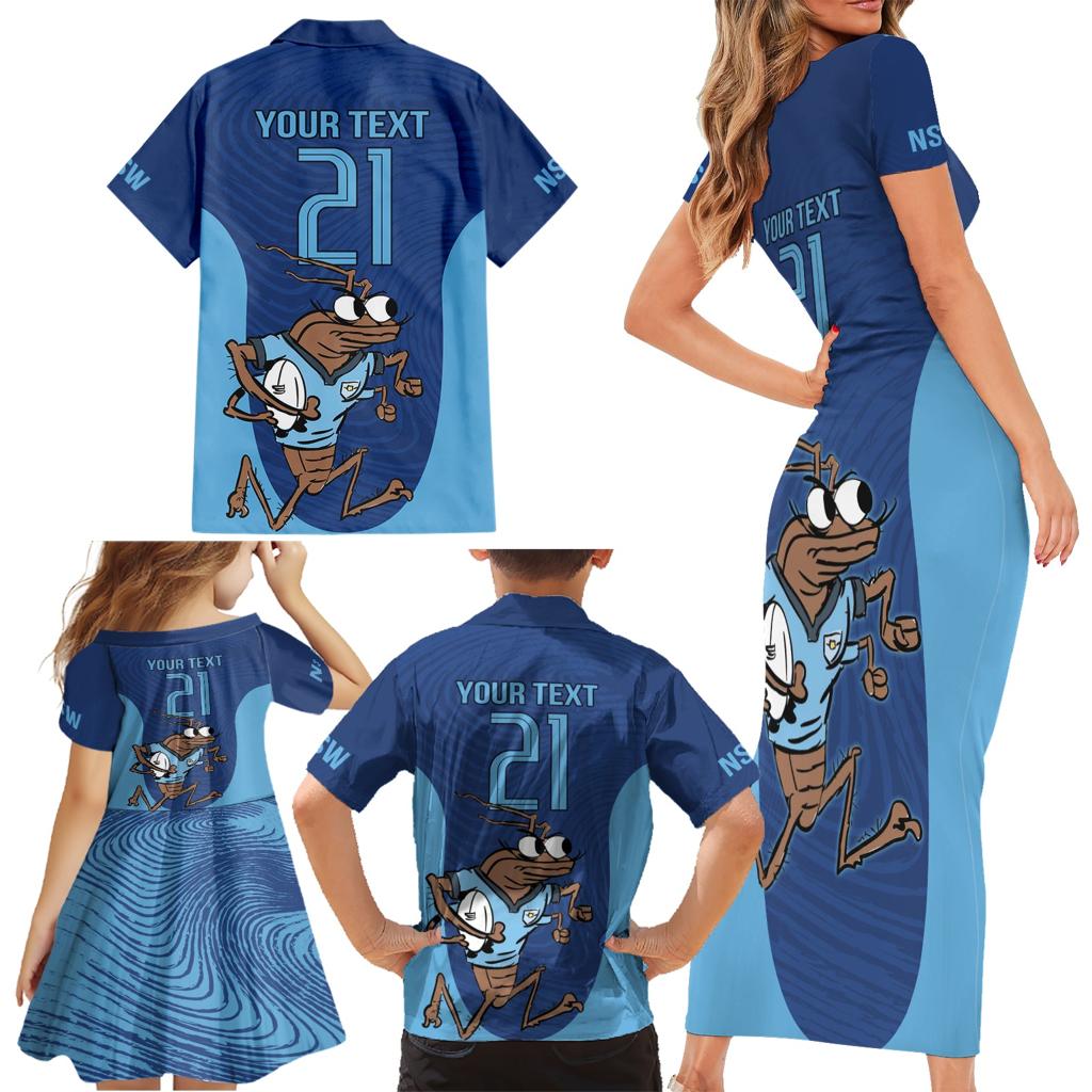 Custom New South Wales Rugby Family Matching Short Sleeve Bodycon Dress and Hawaiian Shirt Blues Cockroach Origin Sporty