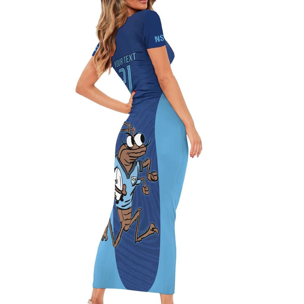 Custom New South Wales Rugby Family Matching Short Sleeve Bodycon Dress and Hawaiian Shirt Blues Cockroach Origin Sporty