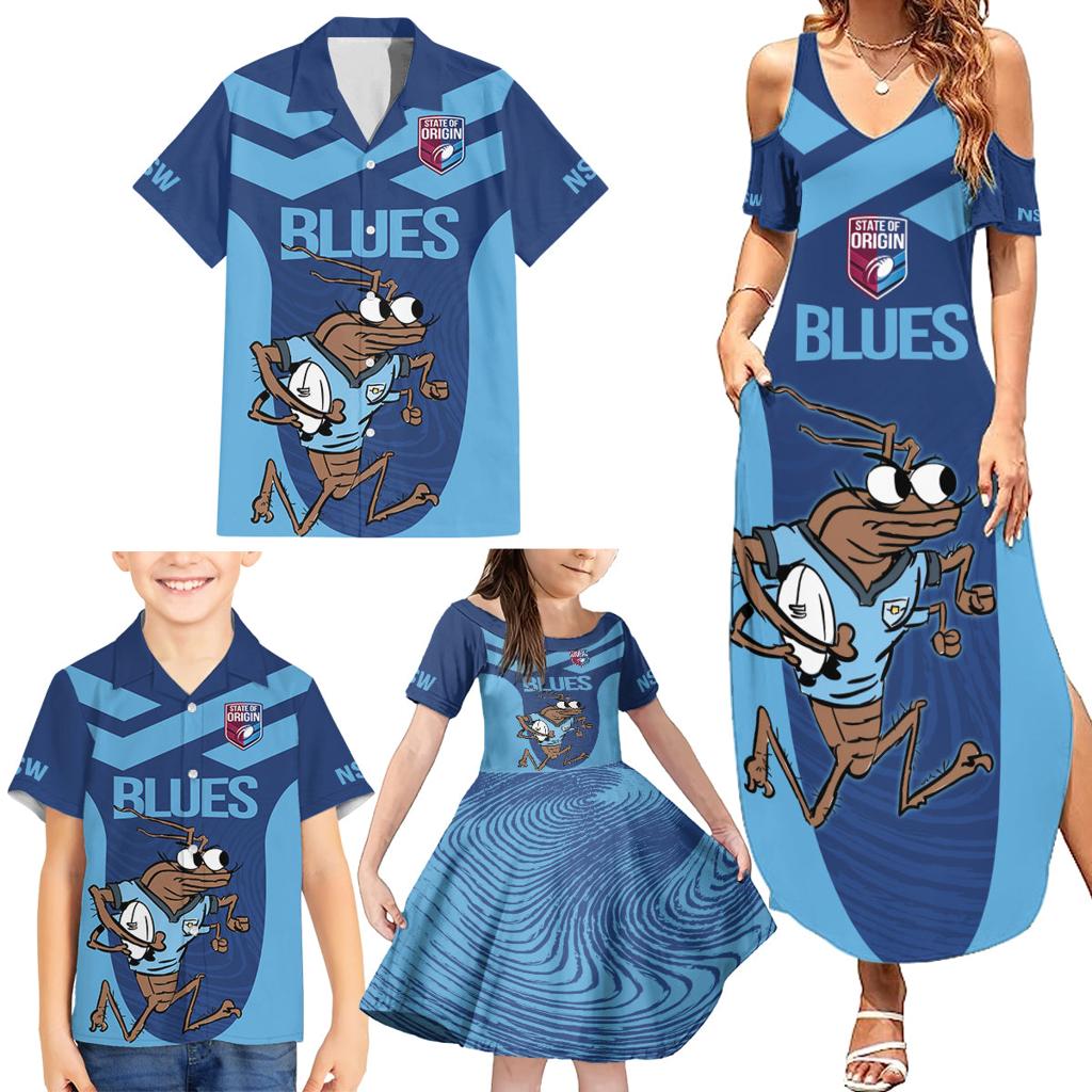 Custom New South Wales Rugby Family Matching Summer Maxi Dress and Hawaiian Shirt Blues Cockroach Origin Sporty