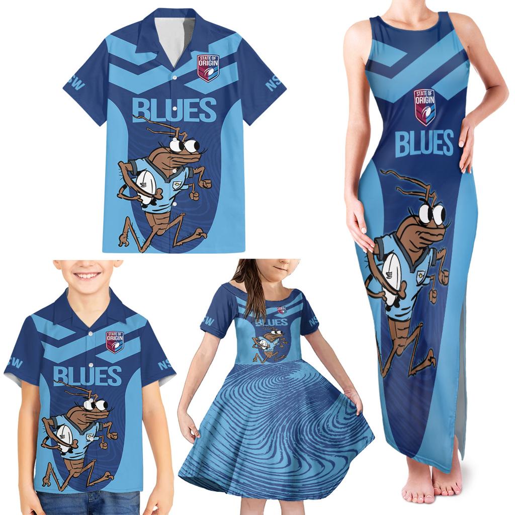 Custom New South Wales Rugby Family Matching Tank Maxi Dress and Hawaiian Shirt Blues Cockroach Origin Sporty